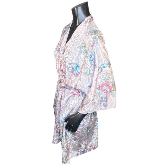 Sleep Solutions Short Satin Robe Womens Size Large Short Sleeve Belted Floral - Picture 2 of 6